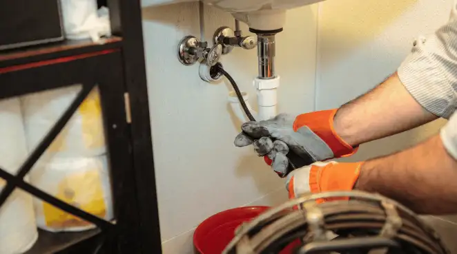 Drain cleaning technician using a motorized plumbing snake to clear a clogged sink pipe in Las Vegas, NV
