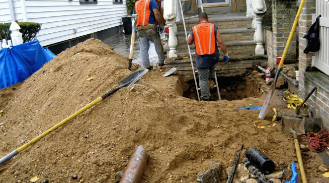 Contractors performing foundation protection and exterior drainage excavation near residential home steps in Las Vegas, NV